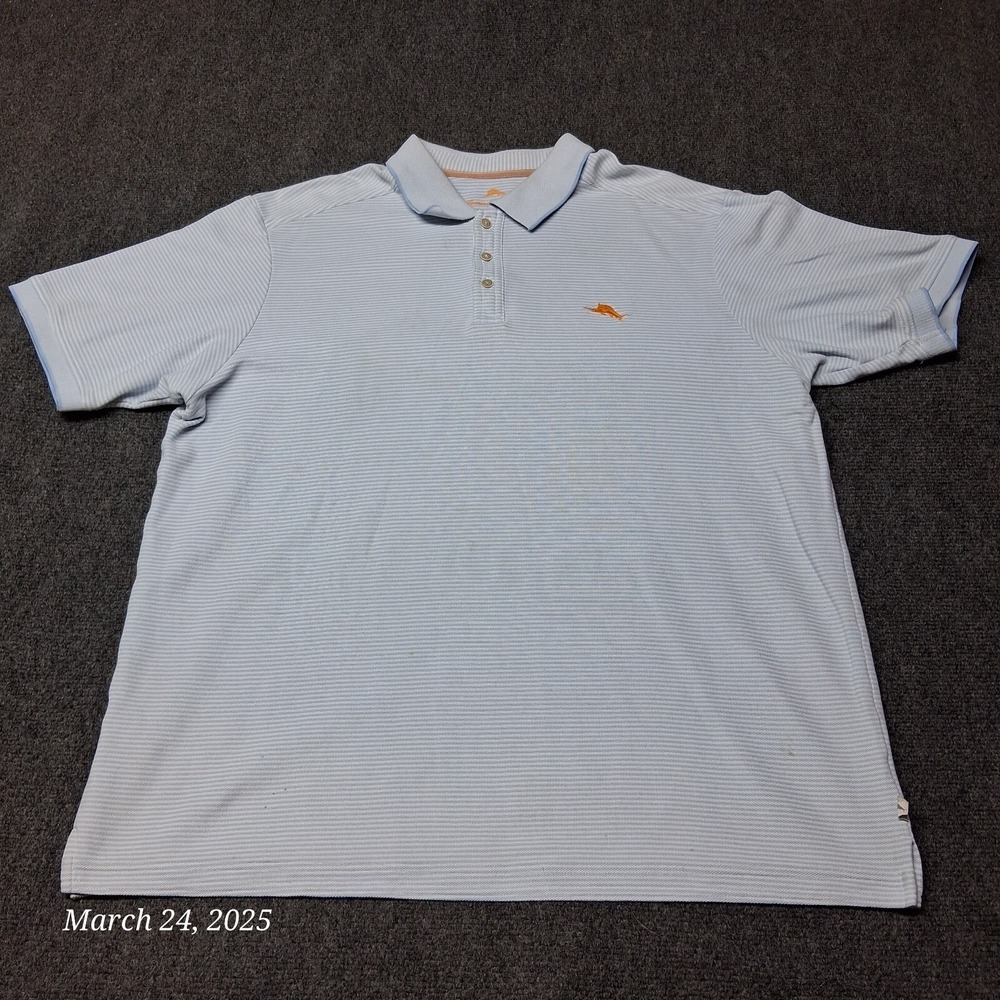 Tommy Bahama Golf Polo Shirt Men Size XL Blue Striped Cuffed Sleeve